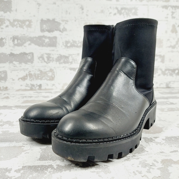 Zara Black Leather Round Toe Low Heel Pull On Ankle Boots V488 - Picture 2 of 13